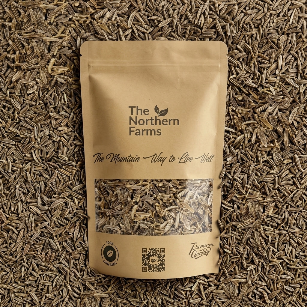A kraft paper stand-up pouch of The Northern Farms organic chitrali black cumin seeds, placed flat on a bed of loose cumin seeds. The pouch features a clear window showing the dried cumin inside and branding text.