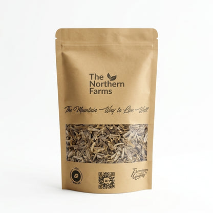 A stand-up kraft paper pouch of black zeera (black cumin) from The Northern Farms, featuring a clear window displaying the black cumin inside, set against a plain white background.