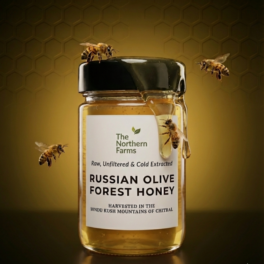 A jar of Russian Olive Forest Honey from The Northern Farms, featuring a black lid with honey dripping from the side, set against a golden honeycomb background with flying bees.