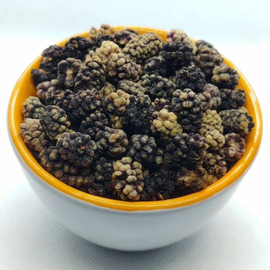 A white ceramic bowl with a yellow-orange rim filled with dried Chitrali black mulberries, set against a plain white background.